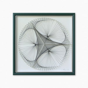 Puede incluir: Una pieza de arte de hilo enmarcada con un dise&ntilde;o geom&eacute;trico en blanco y negro. El dise&ntilde;o es un c&iacute;rculo con tres tri&aacute;ngulos superpuestos en el interior. El marco es de color verde oscuro.