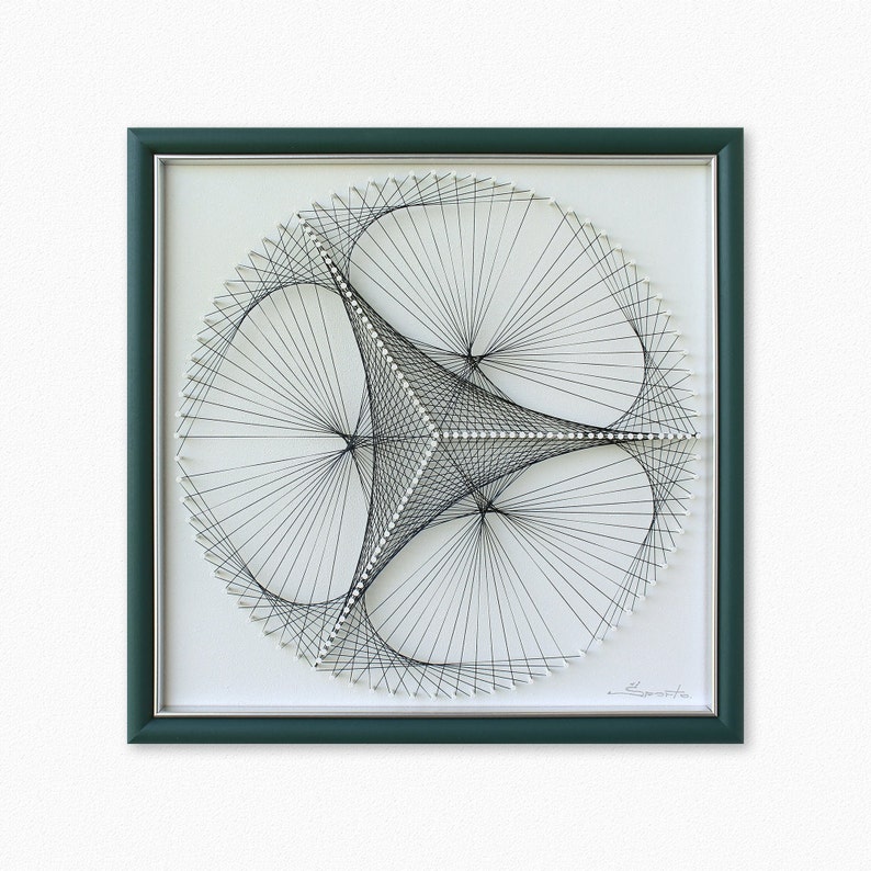Puede incluir: Una pieza de arte de hilo enmarcada con un dise&ntilde;o geom&eacute;trico en blanco y negro. El dise&ntilde;o es un c&iacute;rculo con tres tri&aacute;ngulos superpuestos en el interior. El marco es de color verde oscuro.