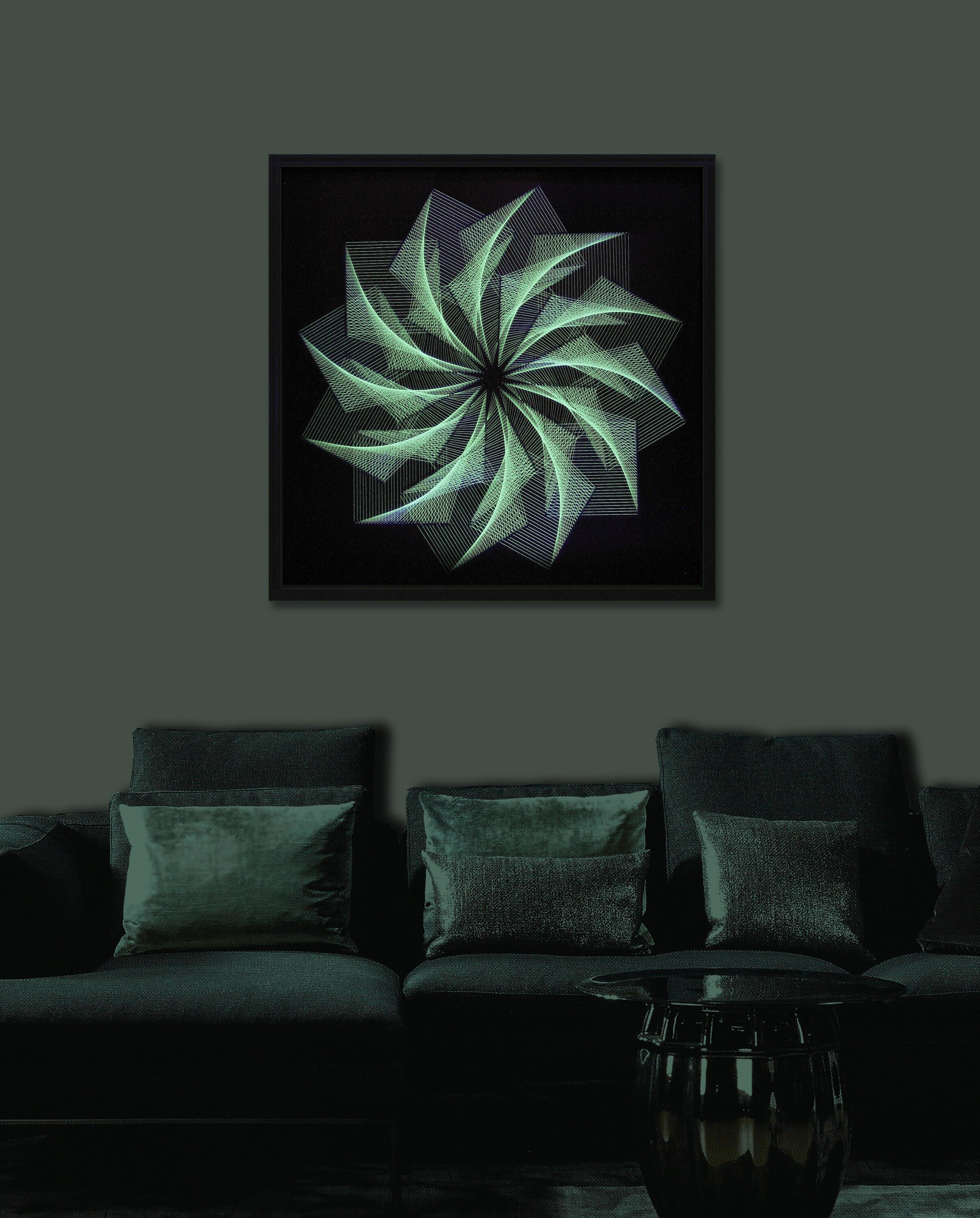 Zen Wall Art in Green behind Glass Large Neon String Art