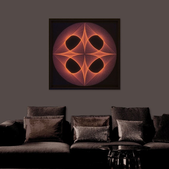 Large String Art Mandala Framed – Brown & Orange Neon Wall Art - Glow in the Dark Artwork