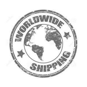 May include: A gray, distressed, circular stamp with the text "WORLDWIDE SHIPPING" and a stylized image of the Earth in the center.