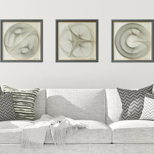 May include: Three framed string art pieces with geometric designs in black and white. The frames are gray and the background is white.