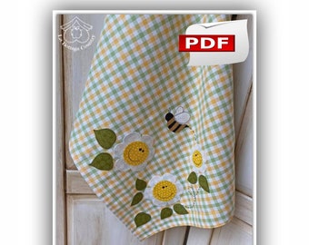 Happy Daisies pattern, kitchen towel, appliqué daisies, creative sewing project, guide to learn to sew and decorate