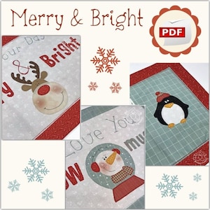 Può includere: Un set di quattro ricami a tema natalizio con un renna, un pinguino, un pupazzo di neve e il testo "Merry & Bright". I disegni sono in una combinazione di colori rosso, bianco e blu e sono perfetti per aggiungere un tocco festivo alla tua decorazione domestica.