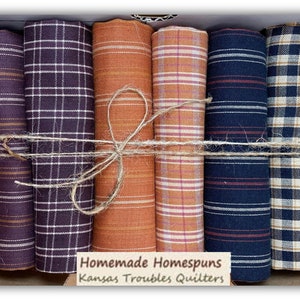 Pacchetto assortito 6 tagli FQ cotone americano, Homemade Homespuns, colori viola, arancio, nero, tessuti righe, quadri, plaid