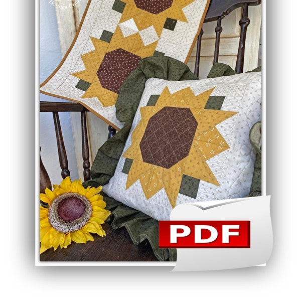 Sunflower Power, girasole patchwork, tutorial con foto, progetto in PDF con istruzioni per realizzare runner e copri cuscino