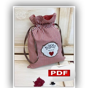 Baked with love, cartamodello PDF, progetto cucito creativo, sacchetto foderato con coulisse, sacchetto regali, packaging personalizzato,