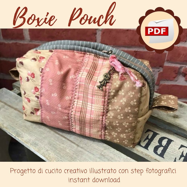 Boxie Pouch: cartamodello, foto tutorial per realizzare un astuccio patchwork squadrato, con cerniera