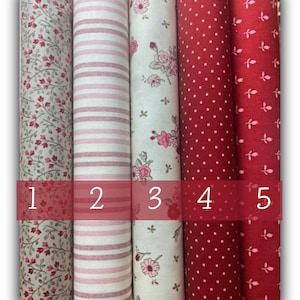 Può includere: Cinque campioni di tessuto in diversi motivi e colori. I campioni sono numerati da 1 a 5. Il primo campione è un tessuto bianco con un piccolo motivo floreale grigio e rosso. Il secondo campione è un tessuto bianco con strisce rosa e bianche. Il terzo campione è un tessuto bianco con un piccolo motivo floreale rosa e marrone. Il quarto campione è un tessuto rosso con pois bianchi. Il quinto campione è un tessuto rosso con un piccolo motivo floreale bianco.