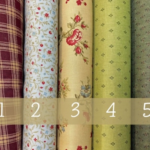 Può includere: Cinque campioni di tessuto, ognuno con un motivo diverso. Il primo campione è un tessuto a quadri rosso e beige. Il secondo campione è un tessuto bianco con un piccolo motivo floreale blu e rosso. Il terzo campione è un tessuto giallo con un motivo floreale rosso e blu più grande. Il quarto campione è un tessuto verde con un piccolo motivo a foglie verdi e bianche. Il quinto campione è un tessuto verde con un piccolo motivo a foglie verdi e bianche.