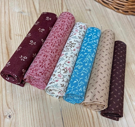 Sweet pack, pacchetto di sei tessuti di cotone americano, tagli tessuto abbinati, confezione tessuti bordeaux, marrone, rosa, panna