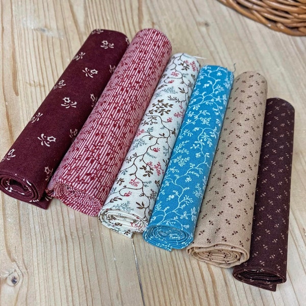 Sweet pack, pacchetto di sei tessuti di cotone americano, tagli tessuto abbinati, confezione tessuti bordeaux, marrone, rosa, panna