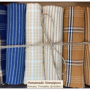 Pacchetto assortito 6 tagli FQ cotone americano, Homemade Homespuns, colori blu, beige, ocra, tessuti righe, quadri, plaid