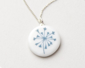 Snow-white porcelain pendant, blue dandelion, silver necklace