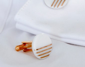 Cufflinks, porcelain, white, gold, striped