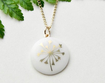 Snow-white porcelain pendant, golden dandelion