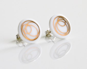 Stud earrings / Snow- white porcelaine / Golden decor / Porcelain jewellery / Circles