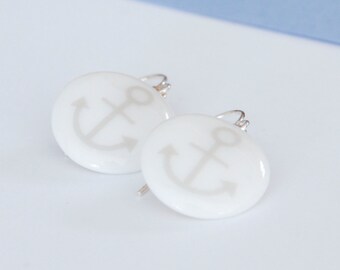 Pendant earrings from snow-white porcelain / Anchor grey decor / Maritime / Porcelain jewellery