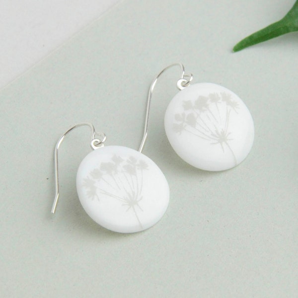 White porcelain pendant earrings, grey wild flower.