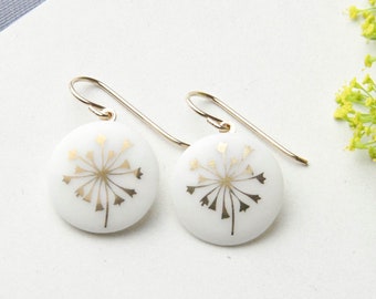 Snow-white porcelain pendant earrings, gold dandelion