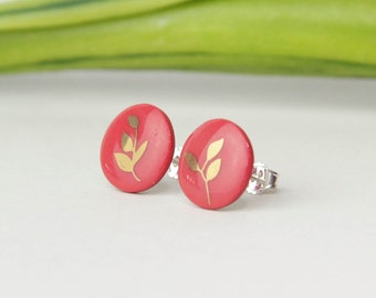 Stud earrings, Red, Golden leaf