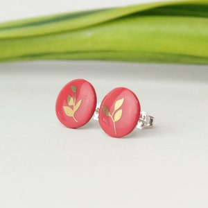 Stud earrings, Red, Golden leaf image 1