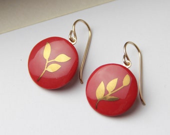 Red Porcelain pendent earrings, gold leaf