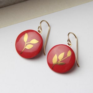 Red Porcelain pendent earrings, gold leaf image 1