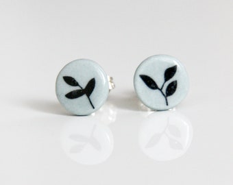 Stud earrings from coloured porcelain / Black leaves / Porcelain jewellery