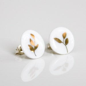 Snow-white porcelain Stud earrings, golden leaves image 1
