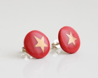Stud earrings / Red Porcelain / Golden Star / Porcelain jewellery