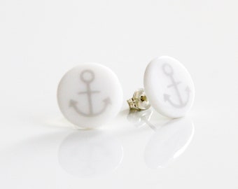 Stud earrings, snow-white porcelain, grey anchor