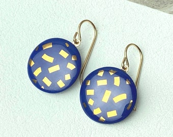 Blue porcelain earrings / golden confetti