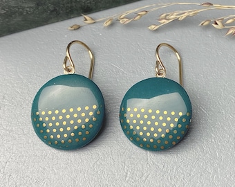 Green porcelain pendent earrings / golden dots