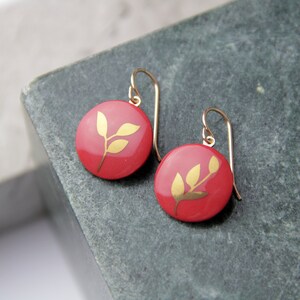 Red Porcelain pendent earrings, gold leaf image 2