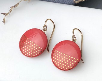 Red Porcelain pendent earrings, golden dots