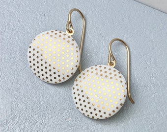 Snow-white porcelain Pendant earrings, golden dots