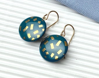 Green porcelain earrings / golden confetti