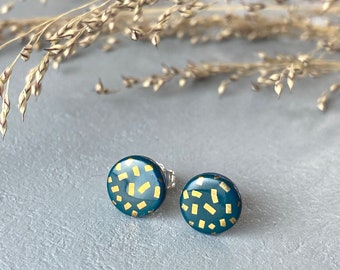 Stud earrings, green porcelain, gold confetti