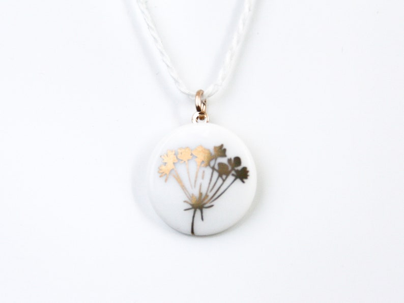 Snow-white porcelain pendant, gold wild flower image 1