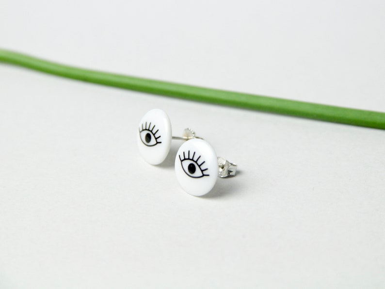 Stud earrings, snow-white porcelain, Black eyes image 2