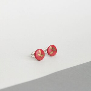 Stud earrings, Red, Golden leaf image 3