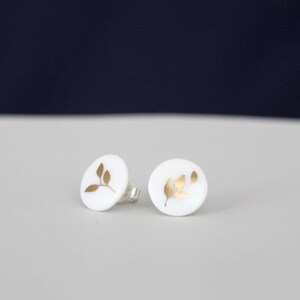 Snow-white porcelain Stud earrings, golden leaves image 2
