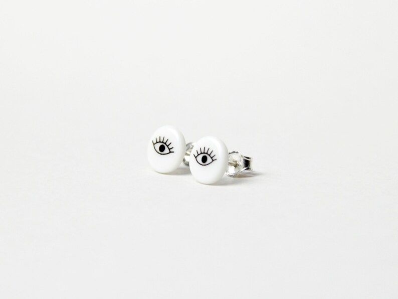 Stud earrings, snow-white porcelain, Black eyes image 3