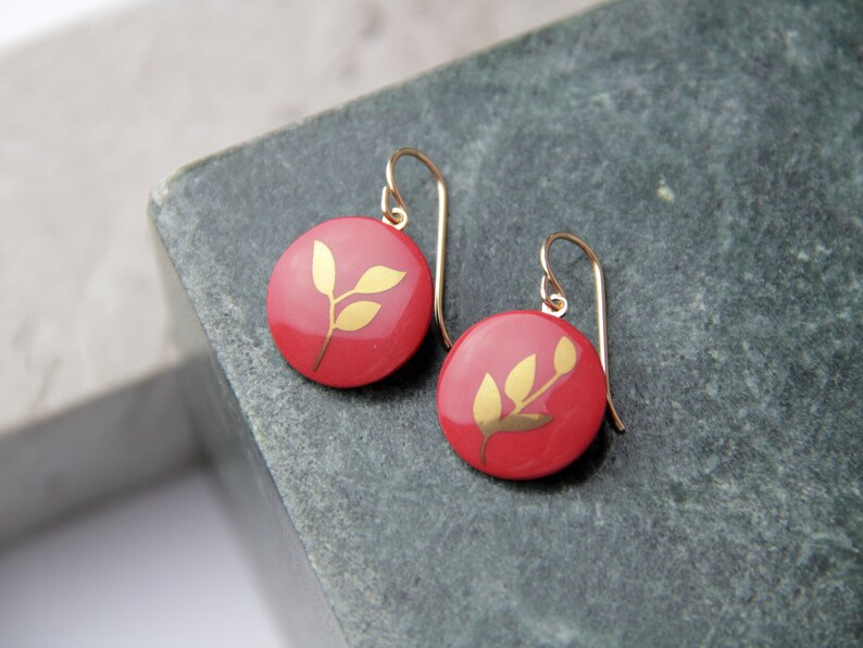 Red Porcelain pendent earrings, gold leaf image 2