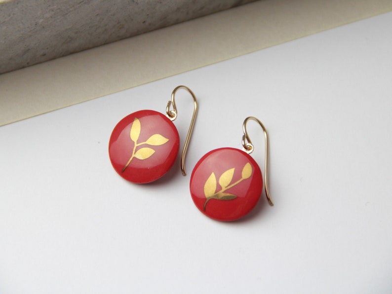 Red Porcelain pendent earrings, gold leaf image 1