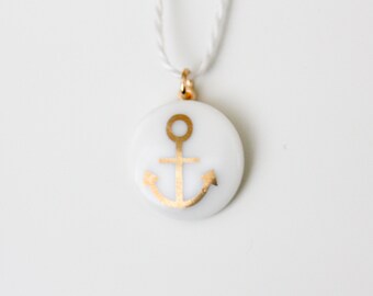 Snow-white porcelain pendant, gold Anchor
