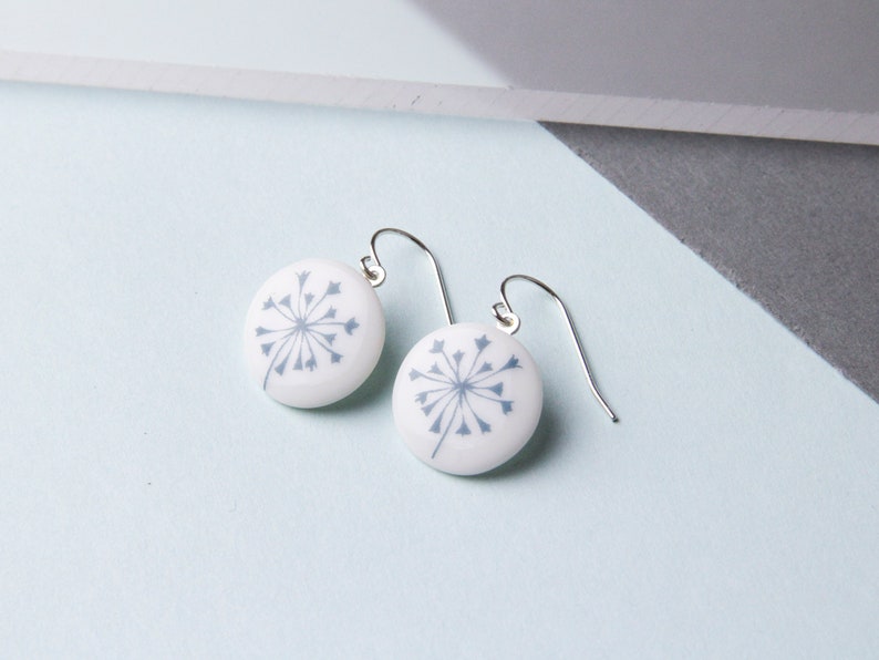 White porcelain pendant earrings, Blue flower. image 2