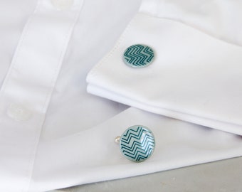 Porcelain cufflinks, mint, zigzag pattern