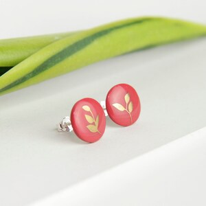 Stud earrings, Red, Golden leaf image 5
